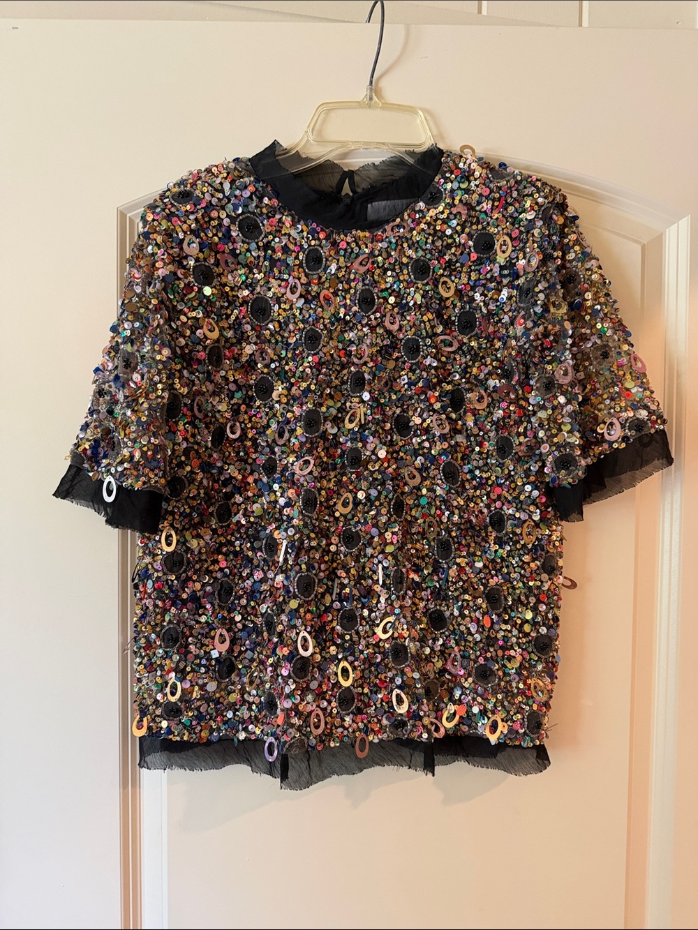 HUNTER BELL Black Multicolor Sequin & Bead Embellished Short-Sleeve Top